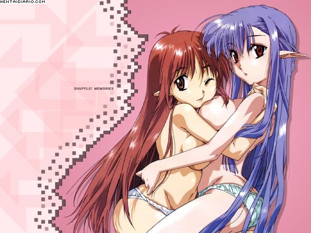 2girls 4:3_aspect_ratio :o ;d ahoge aqua_panties aqua_underwear arched_back ass back bangs barefoot big_breasts blue_hair breast_press breasts brown_eyes brown_hair censored clothing convenient_arm convenient_censoring convenient_head copyright_name couple duo elf embracing feet female hair_between_eyes hosoda_naoto hug in_profile kneeling lingerie lisianthus long_ears long_hair long_pointed_ears looking_at_viewer looking_back multiple_girls mutual_yuri navel nerine no_bra official_art official_wallpaper one_eye_closed open_mouth pantsu parted_lips photoshop_(medium) pillar pink_background pointed_ears posterior_cleavage potential_duplicate red_eyes red_hair shadow shuffle! shuffle!_memories sia_(artist) sideboob sitting sitting_on_lap sitting_on_person skindentation smile spread_legs straddling topless underwear underwear_only very_long_hair wallpaper white_panties white_underwear wink yuri