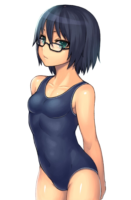 1girl aqua_eyes arms_behind_back bangs black-framed_glasses black_hair blue_swimsuit breasts covered_navel cowboy_shot expressionless female from_side glasses hair_between_eyes katagiri_(a1466502) looking_at_viewer navel one-piece_swimsuit original original_character shiny shiny_skin short_hair side_view simple_background small_breasts solo standing swimsuit white_background