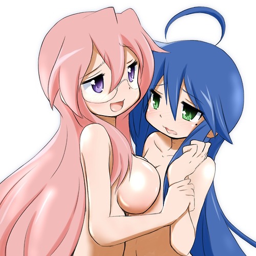 2girls ahoge arm arm_grab arms art asymmetrical_docking babe bad_id bad_pixiv_id bare_shoulders big_breasts blue_hair blush breast_press breasts clenched_hand collarbone embarrassed eye_contact female flat_chest friends glasses green_eyes hair hair_between_eyes izumi_konata large_breasts long_hair looking_at_another lucky_star medium_breasts mizushima_(p201112) mole mole_under_eye multiple_girls neck nude open_mouth pink_hair purple_eyes shiny shiny_hair shiny_skin shy sideboob simple_background smile symmetrical_docking takara_miyuki white_background yuri