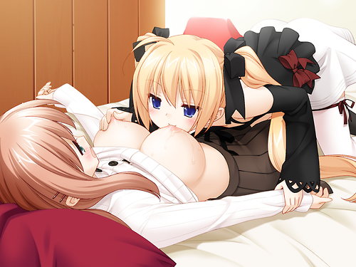 2girls age_difference bed blonde_hair blue_eyes blush breast_sucking breasts brown_hair closed_eyes clothes_lift detached_sleeves female game_cg girl_on_top hair_ornament hairclip hentai high_res highres holding_another's_wrist houraisen_runa kani_biimu large_breasts long_hair lying multiple_girls naughty_face nipples no_bra on_back peko pleated_skirt shirt_lift skirt smile sono_hanabira_ni_kuchizuke_wo suminoe_takako teacher_and_student twintails undressing yuri