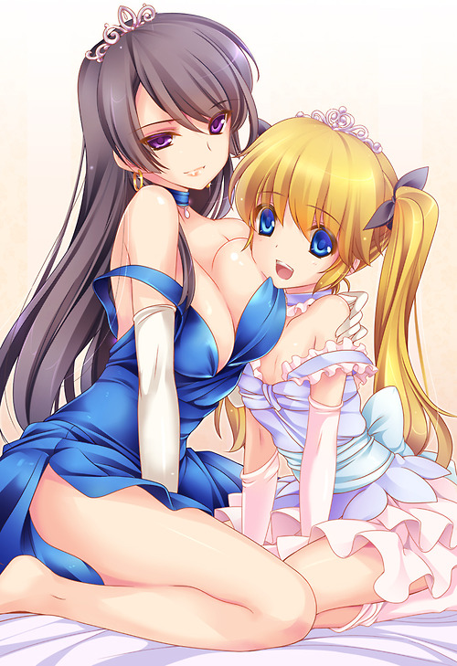2_girls 2girls art bare_shoulders barefoot bed blonde_hair blue_dress blue_eyes blush breast_press breasts commentary_request crown diadem dress earrings elbow_gloves female gloves hair_ribbon jewelry large_breasts long_hair looking_at_viewer monety multiple_girls open_mouth original photoshop_(medium) purple_eyes purple_hair ribbon sitting small_breasts smile strap_slip twintails white_gloves yuri