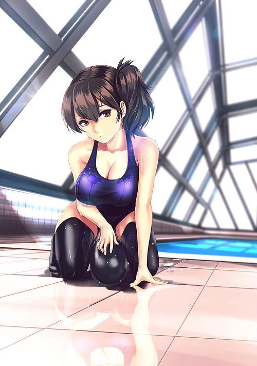 10s 1girl alternate_costume arm_support art bare_shoulders big_breasts black_legwear breasts cleavage female female_only infinote kaga_(kantai_collection) kantai_collection looking_at_viewer one-piece_swimsuit pool red_eyes reflection rei_no_pool revision solo swimsuit taut_clothes that_pool thighhighs torpedo wet wet_clothes wet_swimsuit