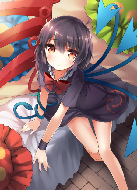 1girl asymmetrical_wings bare_legs barefoot black_dress black_hair blush bon bow dress female houjuu_nue looking_at_viewer on_bed pillow red_eyes short_hair sitting sitting_on_bed snake solo touhou v_arms wings wristband