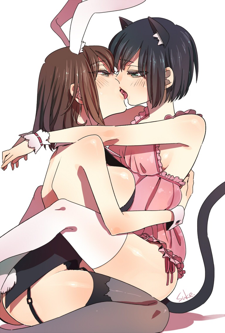 2girls animal_ears arm arms arms_around_neck art ass babydoll black_hair blush breasts brown_hair bunny_ears bunny_girl bunnysuit cat_ears cat_girl cat_tail commentary_request detached_collar dress eye_contact female french_kiss garter_straps green_eyes hair half-closed_eyes hug hugging kiss kissing large_breasts leg_lock looking_at_another love multiple_girls nightgown original rabbit_ears rabbit_tail short_hair sideboob sukemdrr tail thighhighs tongue wrist_cuffs yuri