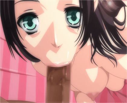 :&gt;= animated animated_gif bed black_hair bouncing bouncing_breasts breasts censored dark-skinned_male dark_penis fellatio female from_above gif green_eyes interracial long_hair looking_at_viewer lowres my_lovely_lover nude oral penis pinkbell pov pov_eye_contact