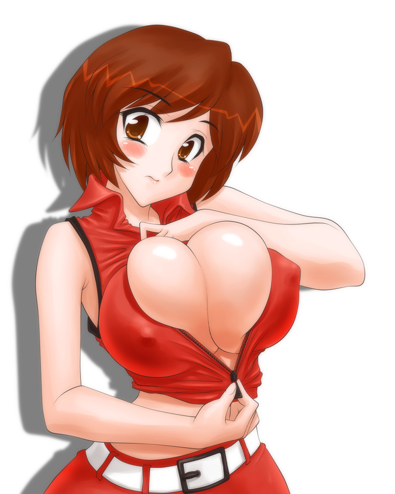 1girl blush breasts brown_hair bursting_breasts cleavage female huge_breasts meiko nakao open_clothes open_shirt shirt solo undressing vocaloid zipper