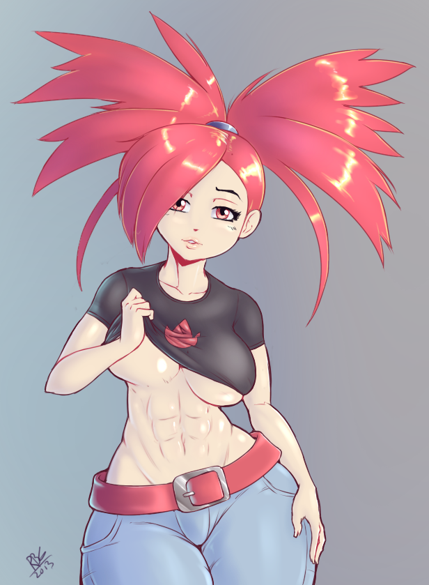 1girl abs asuna_(pokemon) bangs belly belt big_breasts blush breasts cleavage collarbone contrapposto denim ears fingernails fringe gym_leader hair hair_over_one_eye hips jeans lips long_hair midriff nail nails navel nintendo no_bra no_panties pants parted_lips pokemon pokemon_(game) pokemon_rse ponytail randomboobguy red_eyes red_hair shiny shiny_skin shirt shirt_lift slender_waist solo t-shirt teeth thick_thighs thighs underboob wide_hips
