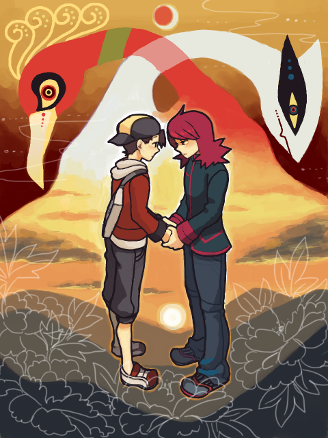 2boys ahoge backwards_hat baseball_cap black_hair black_jacket capri_pants eye_contact face-to-face flower full_body gay gold_(pokemon) hand_holding hat ho-oh holding_hands jacket long_sleeves looking_at_another lugia male male_focus moiko multiple_boys pants pokemon pokemon_(game) pokemon_hgss red_hair shorts silver_(pokemon) standing sun sunlight water waves