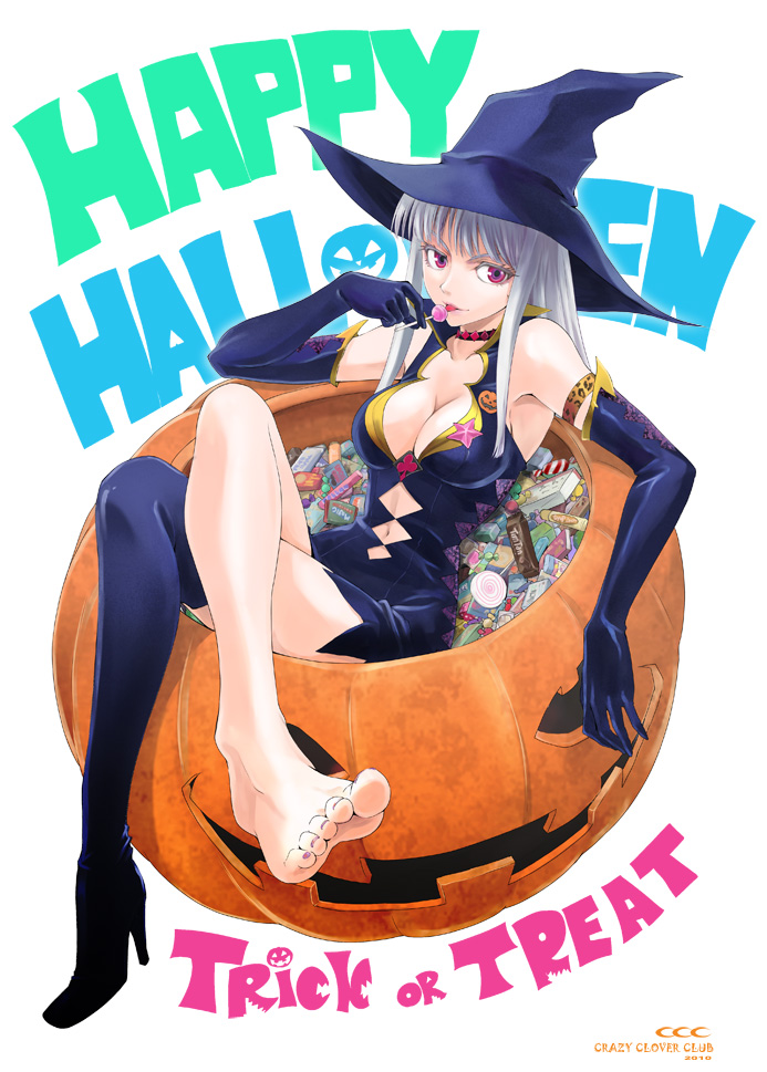 1girl barefoot boots breasts candy cleavage crazy_clover_club crossed_legs dress elbow_gloves feet female gloves halloween happy_halloween hat jack-o'-lantern legs_crossed lollipop nail_polish no_shoes original pink_nails pumpkin shirotsumekusa single_shoe sitting solo thigh-highs thighhighs toes trick_or_treat witch_hat