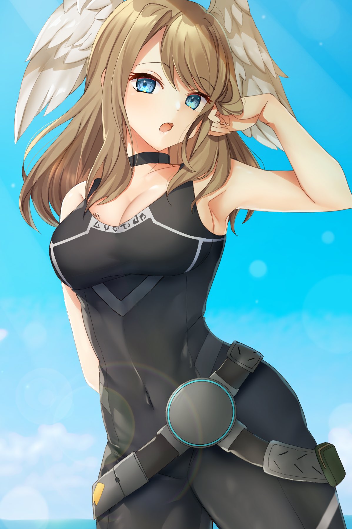 1girl alluring belt big_breasts black_bodysuit blue_pupils bodysuit breast_tattoo edamameoka eunie_(xenoblade) head_wings high_res long_hair looking_at_viewer nintendo open_mouth tattoo white_wings wings xenoblade_(series) xenoblade_chronicles_3
