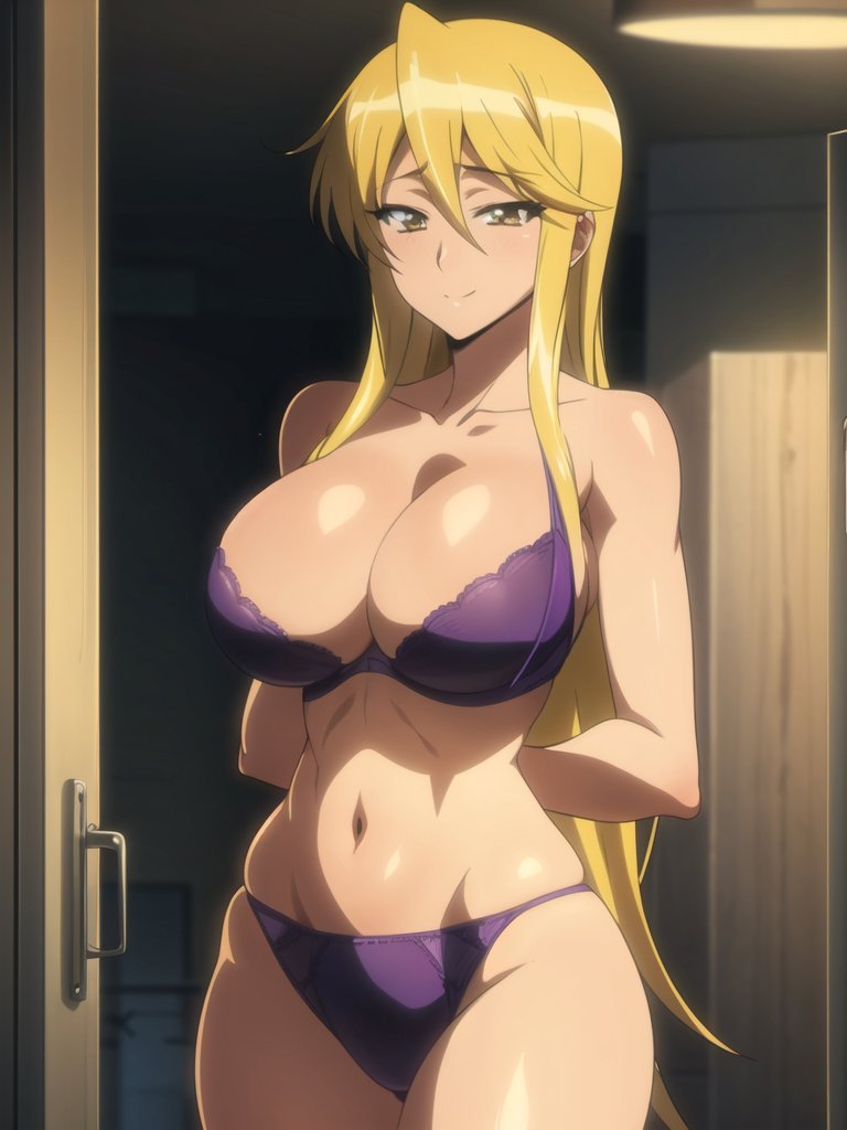 1girl ai_generated ass big_ass big_breasts blonde_hair bra breasts highschool_of_the_dead hips huge_ass huge_breasts long_hair navel panties shizuka_marikawa thicc underwear voluptuous voluptuous_female wide_hips yellow_eyes