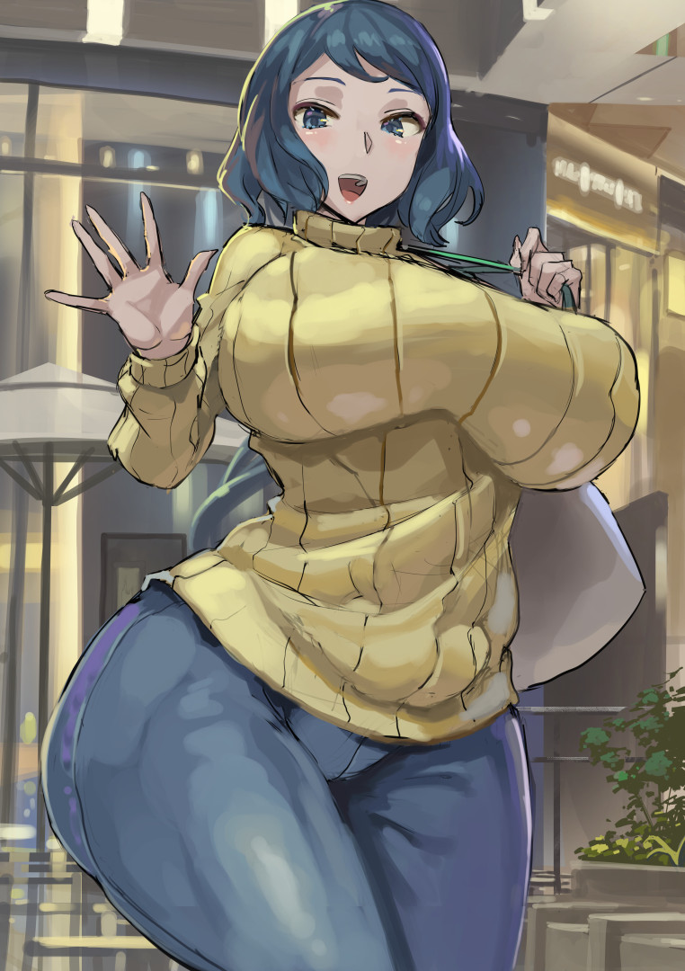 1girl 1girl big_breasts blue_eyes blue_hair breasts clothed female_only gundam gundam_build_fighters huge_breasts iori_rinko jeans kazo light-skinned_female light_skin long_hair mature_female milf milf smile sweater thick_thighs tight_clothing voluptuous wide_hips