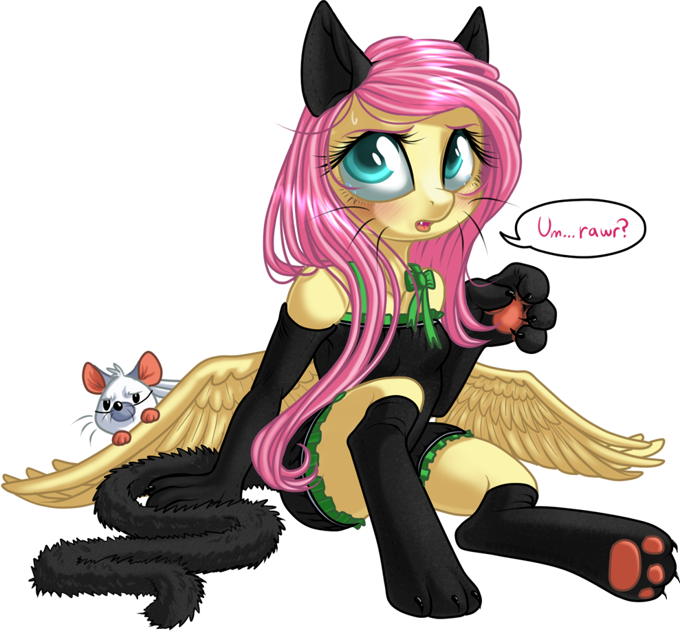 2012 alpha_channel animal_ears anthro blue_eyes blush breasts cat clothing english_text equine feline female fluttershy friendship_is_magic furry hair horse kittehkatbar looking_at_viewer mammal mouse my_little_pony paws pegasus pink_hair plain_background pony rodent solo text transparent_background wings