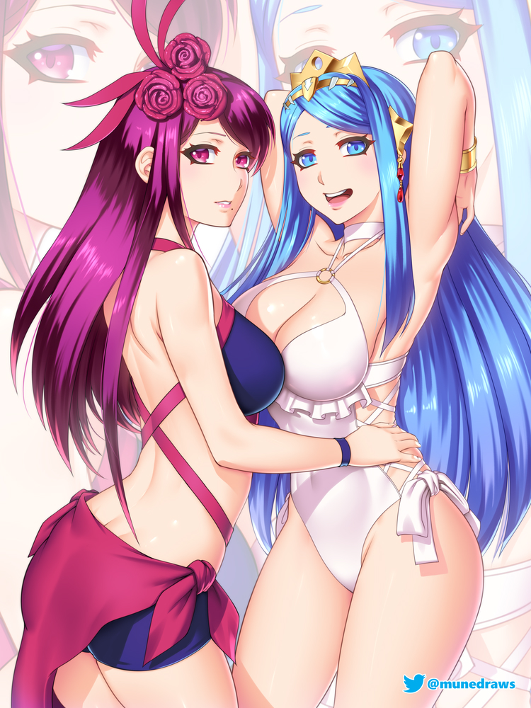 2_girls :d alluring alternate_costume arms_up bare_arms bare_legs bare_shoulders big_breasts bikini blue_bikini blue_eyes blue_hair blue_swimsuit bracelet breasts cleavage commission cowboy_shot etchimune female_only fire_emblem fire_emblem_engage flower hair_flower hair_ornament ivy_(fire_emblem) jewelry long_hair looking_at_viewer lumera_(fire_emblem) milf mole mole_under_mouth multiple_girls nintendo official_alternate_costume one-piece_swimsuit open_mouth parted_lips pink_lips purple_eyes purple_flower purple_hair purple_rose rose sarong smile standing swimsuit thighs tiara very_long_hair white_one-piece_swimsuit white_swimsuit zoom_layer