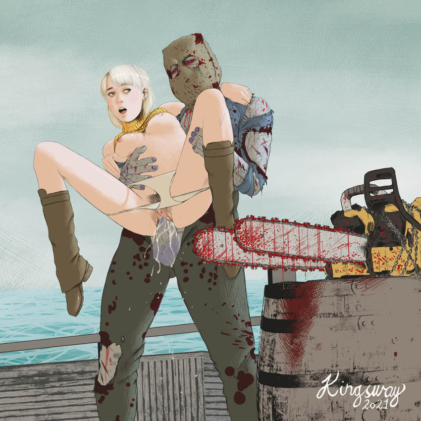 1boy 1girl 1monster 2021 arm_around_neck artist_name ashley_graham ashley_graham_(brooke_elizabeth_mathieson) bag bag_over_head barrel biohazard biohazard_4 blonde_hair blood blood_stain boots bottomless breasts breasts_out brown_eyes capcom carrying chainsaw clitoris clothed_male cum cum_in_pussy dr._salvador face_covered giant_chainsaw_man grey_skin hand_on_thigh hand_on_waist human interspecies kingsway light-skinned_female looking_at_partner male male/female mega_dr._salvador monster no_bra no_pants open_mouth outside pale-skinned_female panties panties_down pants penis penis_out pink_lips pubic_hair pussy pussy_hair red_eyes resident_evil resident_evil_4 ripped_clothing ripped_pants ripped_shirt sex shirt shirt_up stand_and_carry_position super_salvador testicle tight_pussy undead vaginal vaginal_penetration vaginal_sex water white_panties zombie