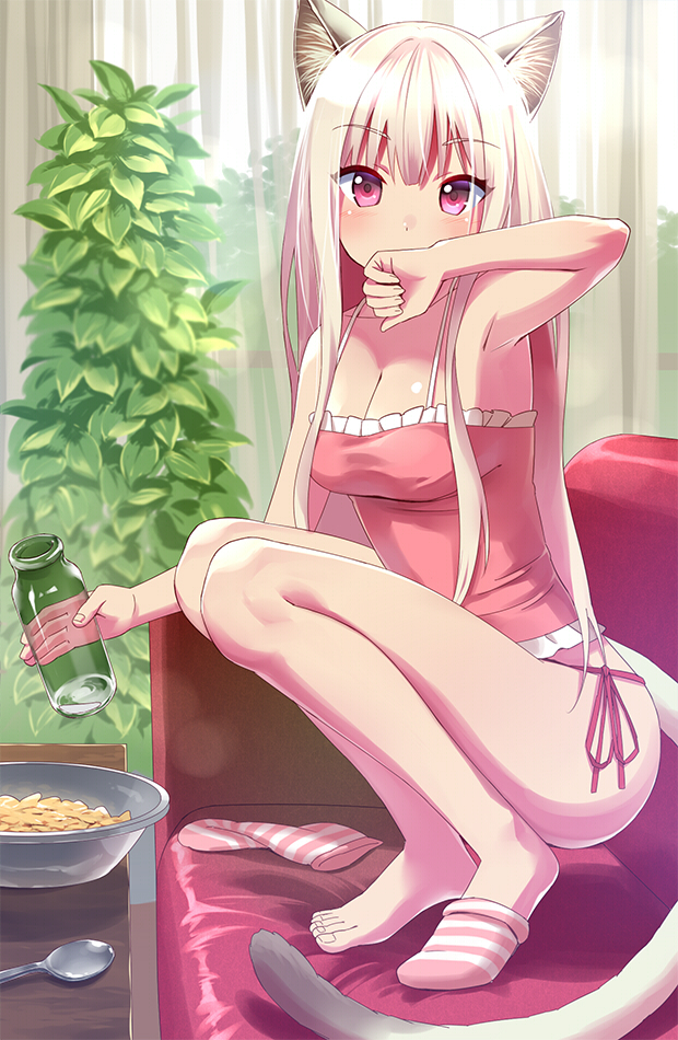 1girl animal_ears armpits barefoot blonde_hair blush bottle bowl breasts camisole cat_ears cat_tail cleavage collarbone couch curtains feet female food handrail indoors long_hair looking_at_viewer no_shoes original panties plant purple_eyes side-tie_panties single_sock socks solo sonsoso spoon squatting striped striped_legwear striped_socks table tail toes tsurime underwear window wiping_mouth