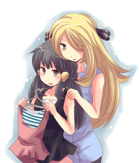 2_girls 2girls alternate_costume arm arms art bare_shoulders black_hair blonde blonde_hair blush brown_eyes casual clothes_hanger cynthia dawn female from_behind hair_ornament hair_over_one_eye hairclip hand_on_another's_shoulder hand_on_shoulder hands_on_shoulders high_res highres hikari_(pokemon) holding long_hair looking_at_viewer multiple_girls nel_(hana-melt) nintendo open_mouth pokemon pokemon_(anime) pokemon_(game) pokemon_dppt shirona_(pokemon) shirt shopping sleeveless_shirt white_background yuri