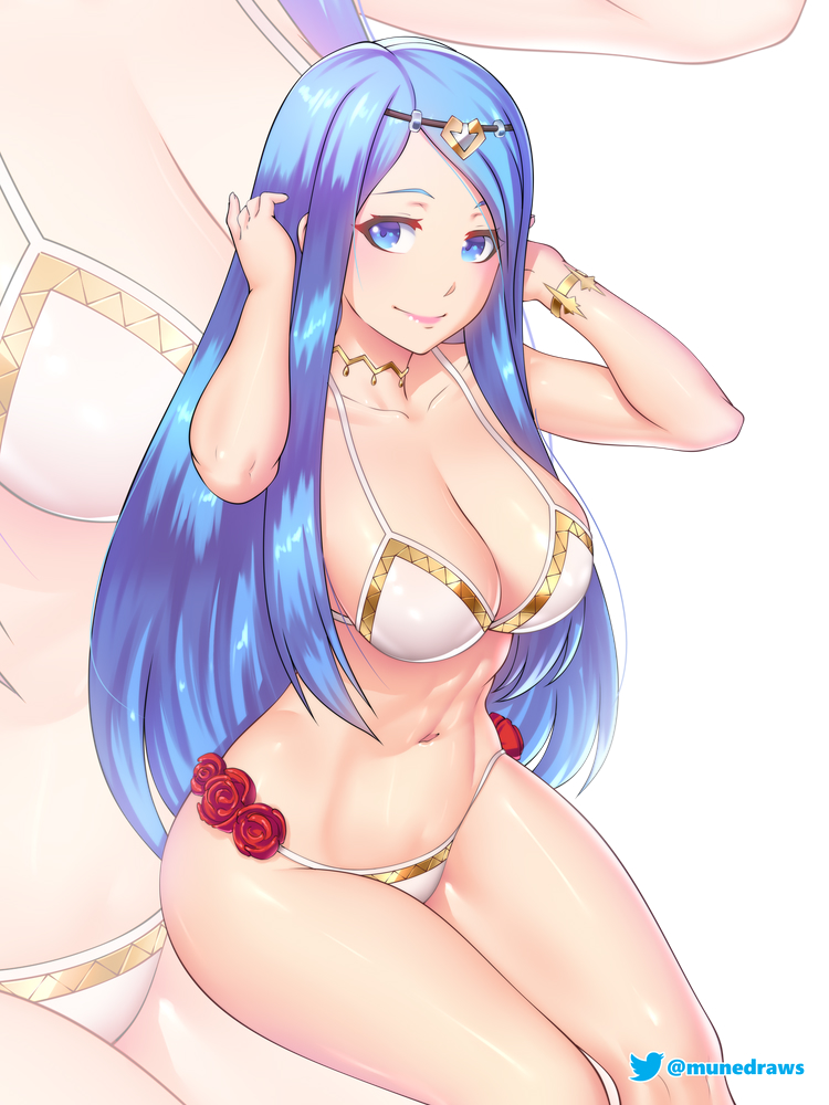 1girl alluring alternate_costume bare_arms bare_legs bare_shoulders bikini blue_eyes blue_hair choker etchimune female_only fire_emblem fire_emblem_engage long_hair looking_at_viewer lumera_(fire_emblem) milf navel nintendo simple_background sitting smile stomach swimsuit thighs very_long_hair white_background white_bikini white_swimsuit zoom_layer