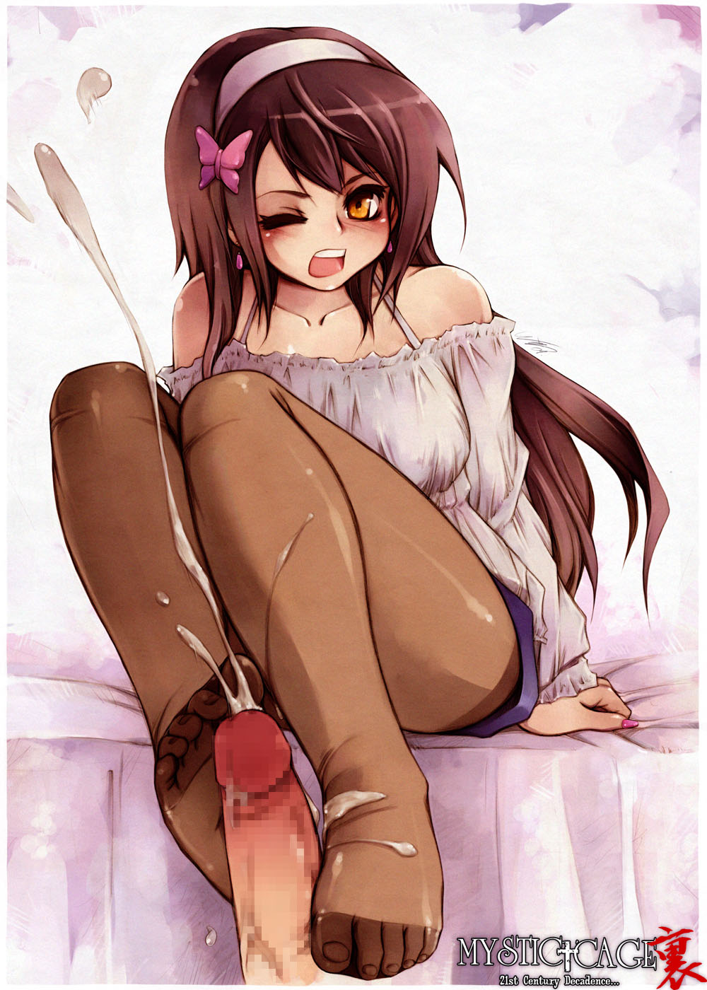 1girl bed brown_hair censored copyright_request cum cum_on_clothes ejaculation feet female fingernails footjob highres long_fingernails long_nails messiah_(artist) messiah_cage mystic_cage nail nail_polish nails pantyhose penis pink_nails pov sitting solo_focus yellow_eyes
