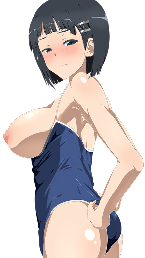 1girl adjusting_clothes adjusting_swimsuit bangs black_eyes black_hair blunt_bangs blush breasts breasts_outside competition_school_swimsuit female from_side hair_ornament hairclip kiiro_no_nantoka kirigaya_suguha large_breasts looking_at_viewer nipples one-piece_swimsuit school_swimsuit short_hair side simple_background solo standing swimsuit swimsuit_pull sword_art_online white_background