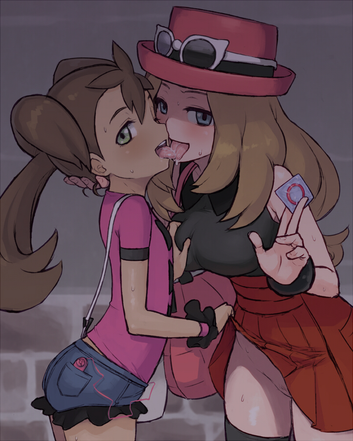 2girls arm arms art babe bag bare_legs bare_shoulders big_breasts black_legwear blonde_hair blue_eyes blush bracelet breast_grab breasts brown_eyes brown_hair chiwino collared_shirt condom condom_wrapper creatures_(company) dark_skin denim denim_shorts flat_chest french_kiss friends game_freak grabbing green_eyes hair hair_between_eyes hand_on_head hat head_grab headgear highres holding humans_of_pokemon interracial kiss kissing large_breasts leaning leaning_forward legs light-skinned_female light_brown_hair long_hair looking_at_viewer love multiple_girls mutual_yuri naughty_face neck nintendo no_panties open_mouth pink_shirt pleated_skirt pokemon pokemon_(anime) pokemon_(game) pokemon_xy pubic_hair pussy quad_tails remote_control_vibrator saliva sana_(pokemon) serena_(pokemon) shirt short_shorts shorts skirt skirt_lift skirt_up sleeveless sleeveless_shirt smile sunglasses sunglasses_on_head sweat sweating thighhighs tongue tongue_out twintails upskirt vibrator vibrator_under_clothes wristband yuri