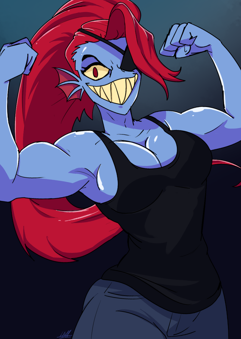 1girl 2010s 2018 2d 2d_(artwork) anthro anthro_only black_tank_top blue_body blue_skin breasts cleavage dark_background deviantart digital_media_(artwork) ear_fins eye_patch eyepatch female_anthro female_only fins fish fish_girl flexing grin hair head_fins hellonearth-iii long_hair looking_at_viewer marine medium_breasts monster monster_girl muscle muscular muscular_anthro non-mammal_breasts ponytail red_eyes red_hair red_ponytail sharp_teeth simple_background slit_pupils solo_anthro solo_female tank_top teeth undertale undertale_(series) undyne video_game_character video_games yellow_sclera