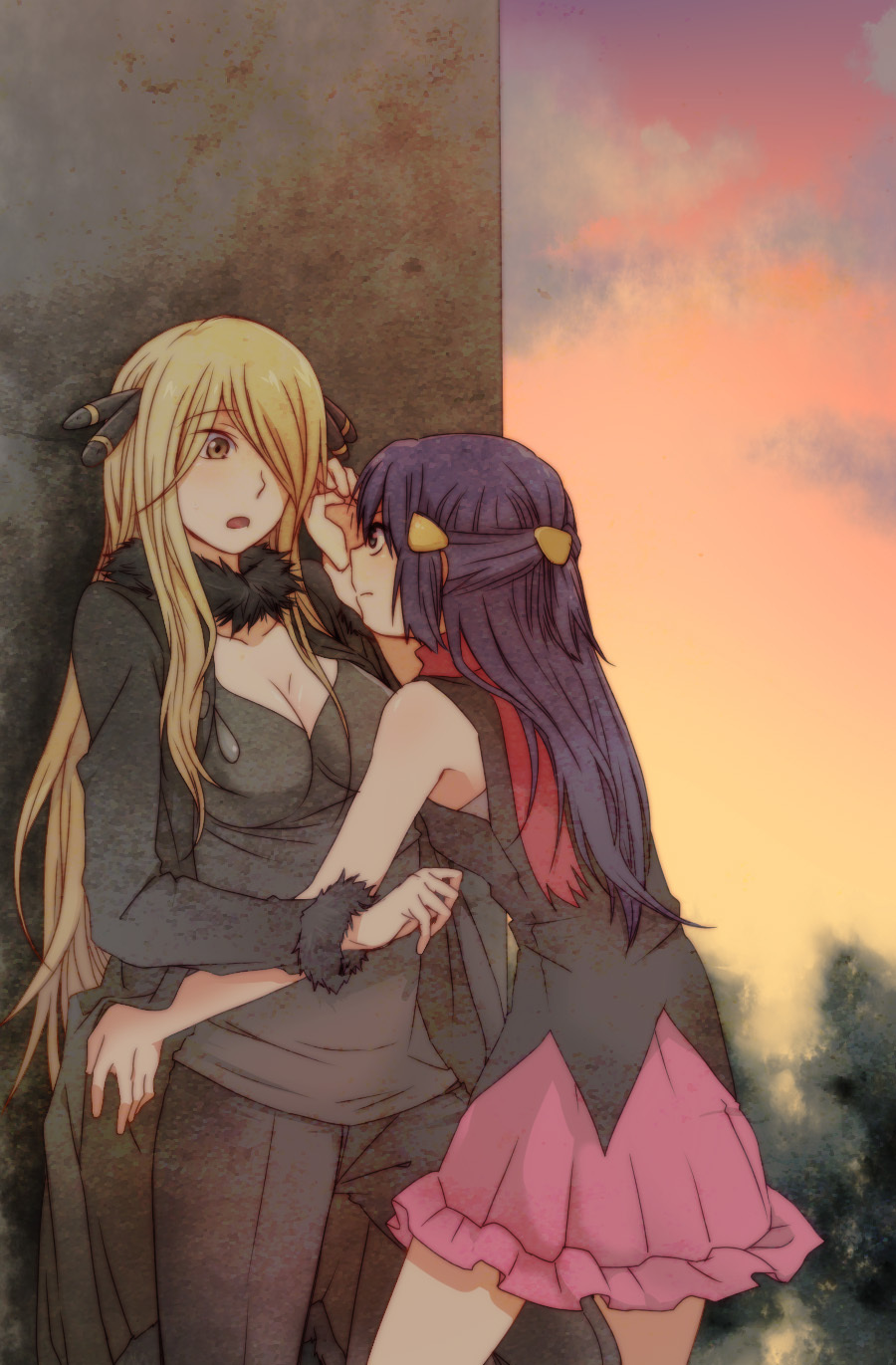 2girls against_wall age_difference arm arms art bare_legs between_legs big_breasts blonde_hair blue_eyes blue_hair blush breasts choker cleavage coat cynthia dawn dress female forced hair_ornament hair_over_one_eye high_res highres hikari_(pokemon) large_breasts legs long_hair long_sleeves multiple_girls nintendo open_mouth pants pink_skirt pokemon pokemon_(anime) pokemon_(game) pokemon_dppt red_scarf restrained rex_k role_reversal scarf serious shirona_(pokemon) shy skirt sleeveless sleeveless_dress standing sunset twilight wrist_grab yellow_eyes yuri