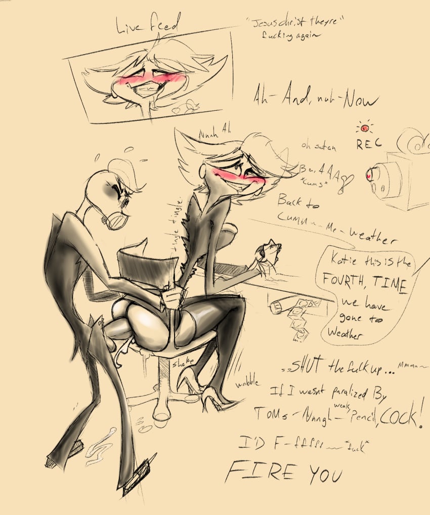 1boy 1girl ahe_gao anal artblush ass big_ass big_penis blush bottomless bullying business_suit clothed clothing cum cum_in_ass demon dialogue drawn english_text faceless_male footwear gas_mask genitals hazbin_hotel heart high_heels high_res katie_killjoy_(hazbin_hotel) looking_pleasured male mask penetration penis public sharp_teeth shoes smooth_skin straight suit teeth text tom_trench_(hazbin_hotel) vivienne_medrano wide_hips