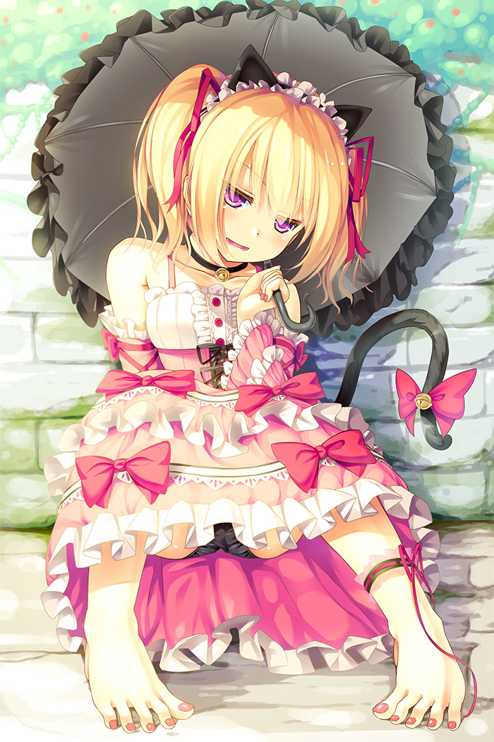 1girl animal_ears anklet barefoot bell bell_collar black_panties blonde_hair bow cat_ears cat_tail collar dress feet female jewelry jingle_bell original panties parasol peragura purple_eyes ribbon sitting smile solo tail tail_bell tail_bow toenail_polish toes twintails umbrella underwear