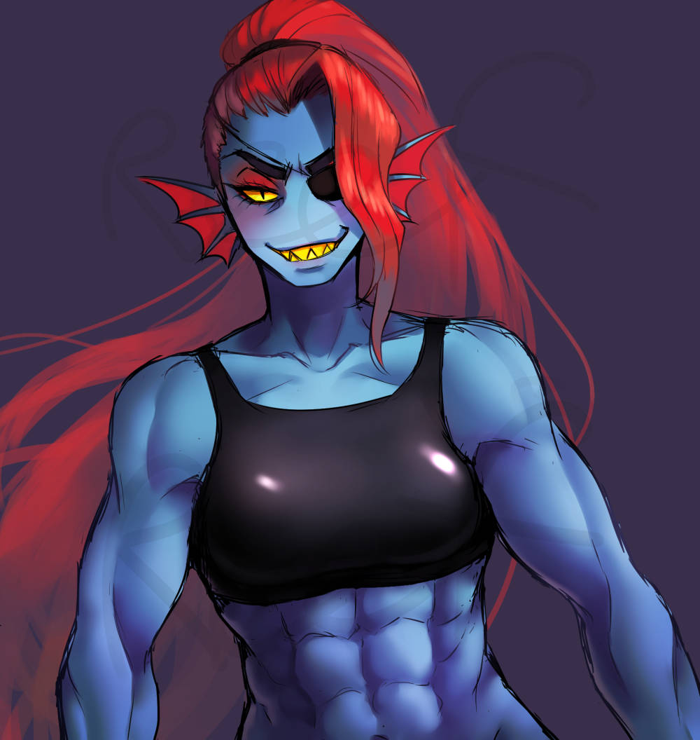 1girl 2010s 2016 2d 2d_(artwork) abs anthro anthro_only black_tank_top blue_body blue_skin breasts deviantart digital_media_(artwork) ear_fins eye_patch eyepatch female_anthro female_only fins fish fish_girl grin hair head_fins long_hair looking_at_viewer marine midriff monster monster_girl muscle muscular muscular_anthro non-mammal_breasts ponytail red_hair reef1600 sharp_teeth simple_background slit_pupils smirk smirking_at_viewer solid_color_background solo_anthro solo_female tank_top undertale undertale_(series) undyne upper_body video_game_character video_games yellow_sclera yellow_teeth