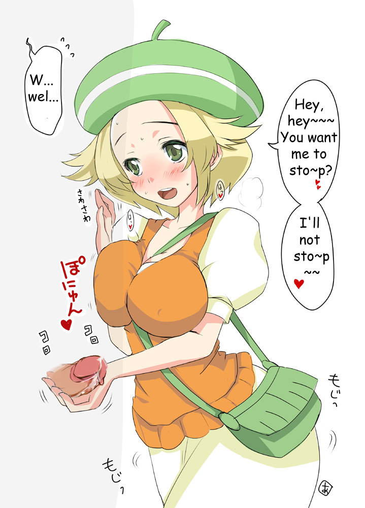 1girl artist_request bel_(pokemon) bell_(pokemon) blush breasts cleavage clothed_female_nude_male cum femdom handjob nintendo penis pokemon smile text translated uncensored