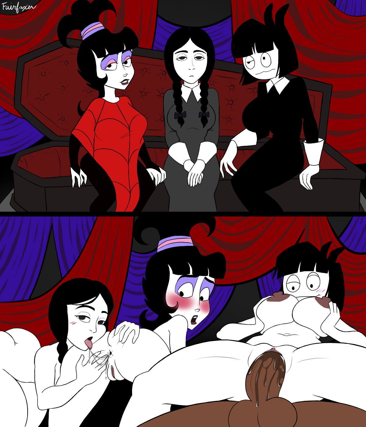 1boy 3_girls addams_family adult_swim beetlejuice big_breasts casting_couch creepy_susie goth goth_girl lydia_deetz pussy sex the_addams_family the_oblongs threesome wednesday_addams