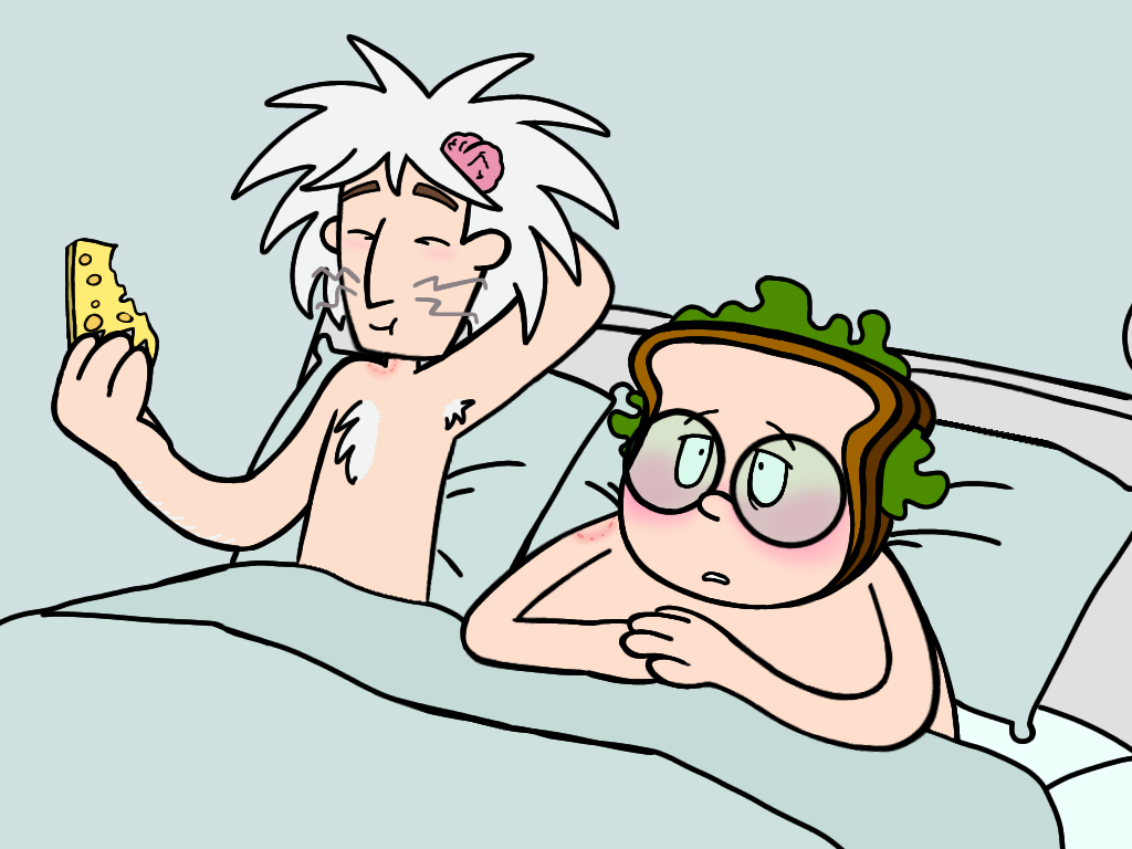 2boys after_sex bed bedroom black_eyes blush cheese chubby chuck_the_evil_sandwhich_making_guy colored dr._two_brains gay_sex glasses hickey male/male meme no_clothes relaxing shocked white_hair wordgirl yaoi