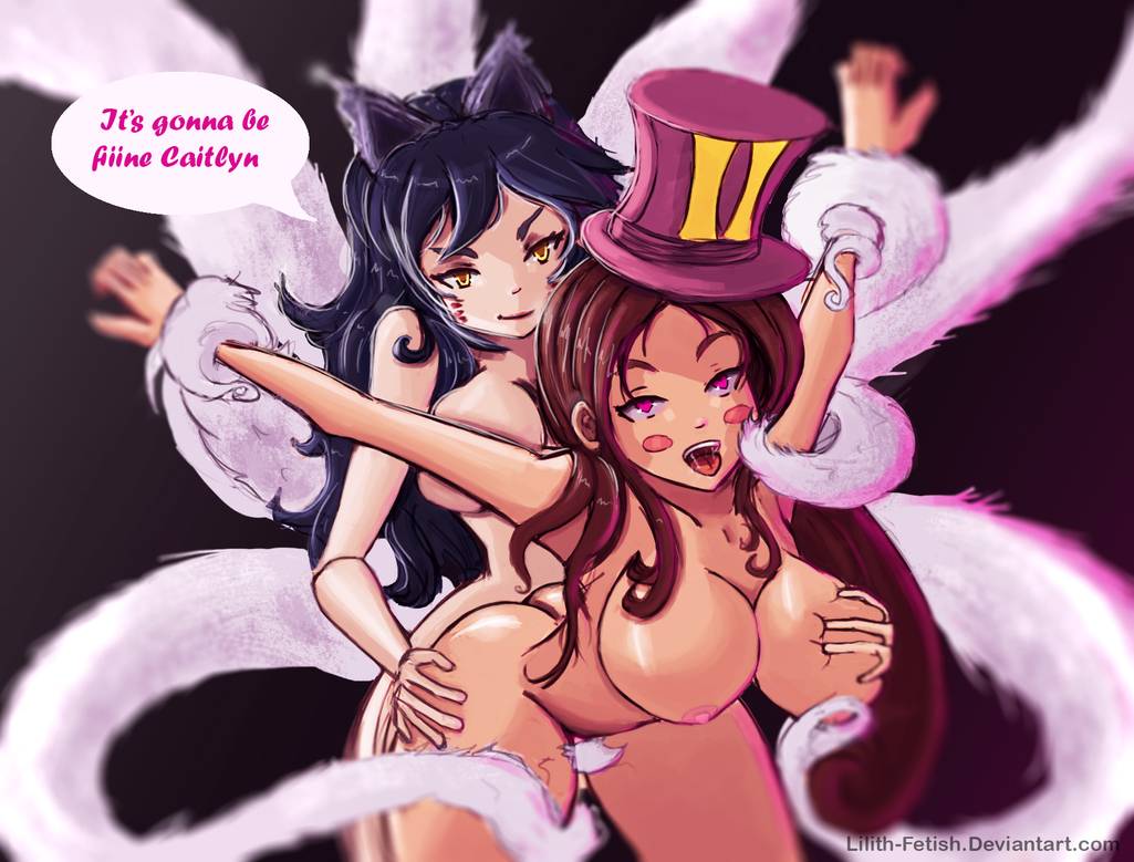 1girl 2girls ahri ass_grab breast_grab caitlyn_(league_of_legends) female_only kitsune league_of_legends nude tail wide_hips yuri