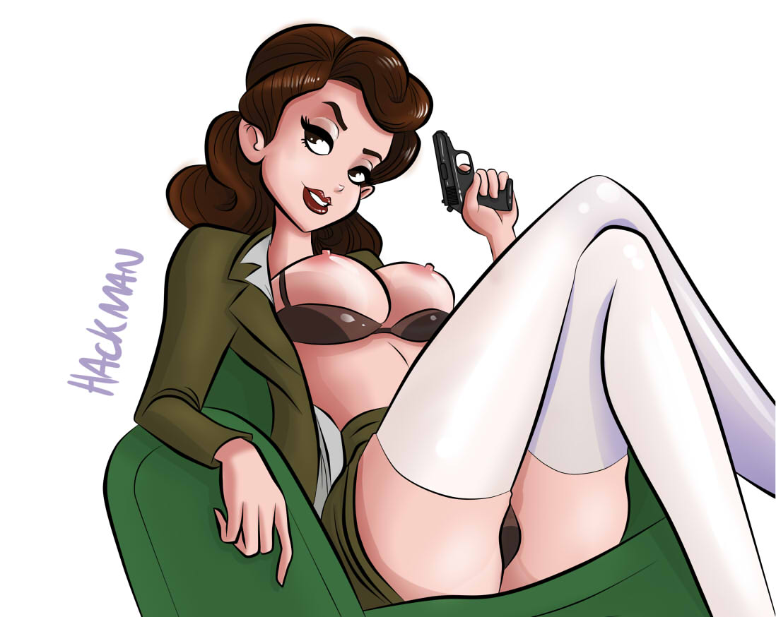 1girl agent_carter breasts crossed_legs_(sitting) female female_only hackman23 handgun holding_weapon marvel military_uniform panties partially_clothed peggy_carter sitting skirt solo stockings unbuttoned uniform upskirt weapon