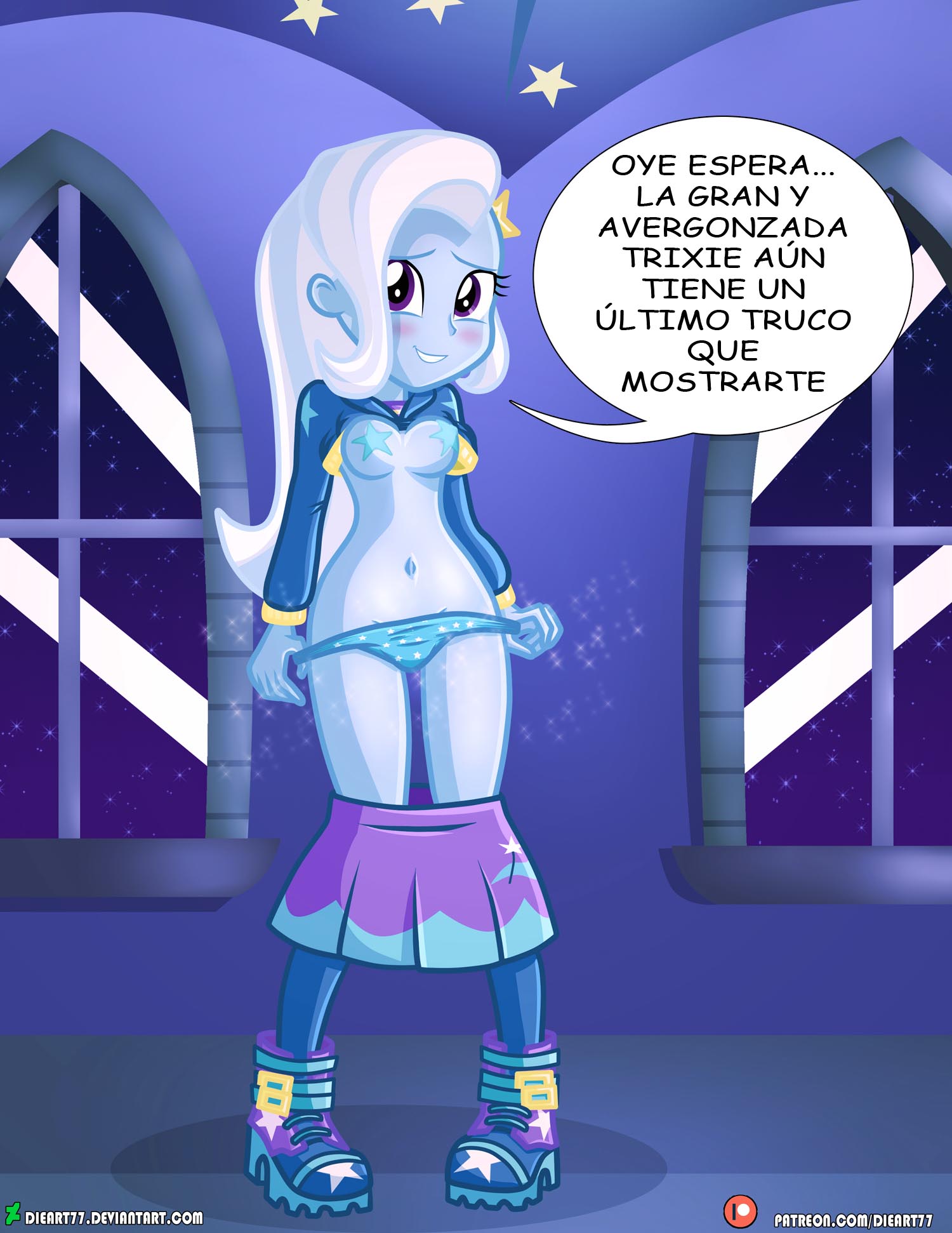 1girl blush breasts dieart77_(artist) equestria_girls female female_only friendship_is_magic light_blue_skin long_hair looking_at_viewer my_little_pony no_bra panties partially_clothed pulling_panties_down skirt skirt_around_legs skirt_down solo speech_bubble standing thigh_gap trixie trixie_(mlp)