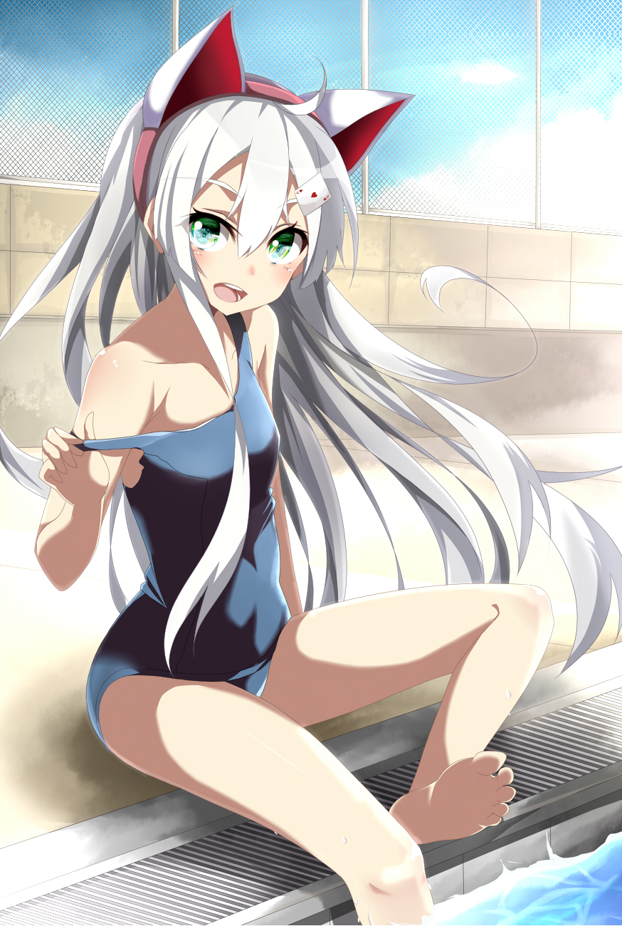1girl ace_of_hearts animal_ears aqua_eyes barefoot card cat_ears chain-link_fence drain_(object) feet feet_in_water female fence green_eyes hairband highres long_hair open_mouth original outdoors playing_card pool poolside school_swimsuit silver_hair sitting sky soaking_feet soles solo strap_pull swimsuit tazaki_hayato toes very_long_hair water white_hair