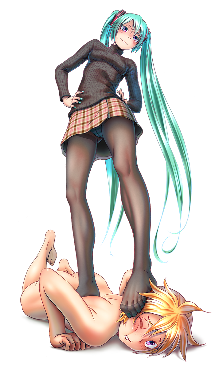 1boy 1girl bad_id black_legwear blonde_hair blue_eyes blush clothed_female_nude_male crotch_seam feet female femdom foot_on_head green_hair hatsune_miku hetero highres kagamine_len long_hair lying miku_hatsune nail_polish naughty_face no_shoes nude open_mouth panties panties_under_pantyhose pantyhose ribbed_sweater stomping striped striped_panties sweater thighband_pantyhose toenail_polish toes trample turtleneck twin_tails underwear very_long_hair vocaloid white_background wokada