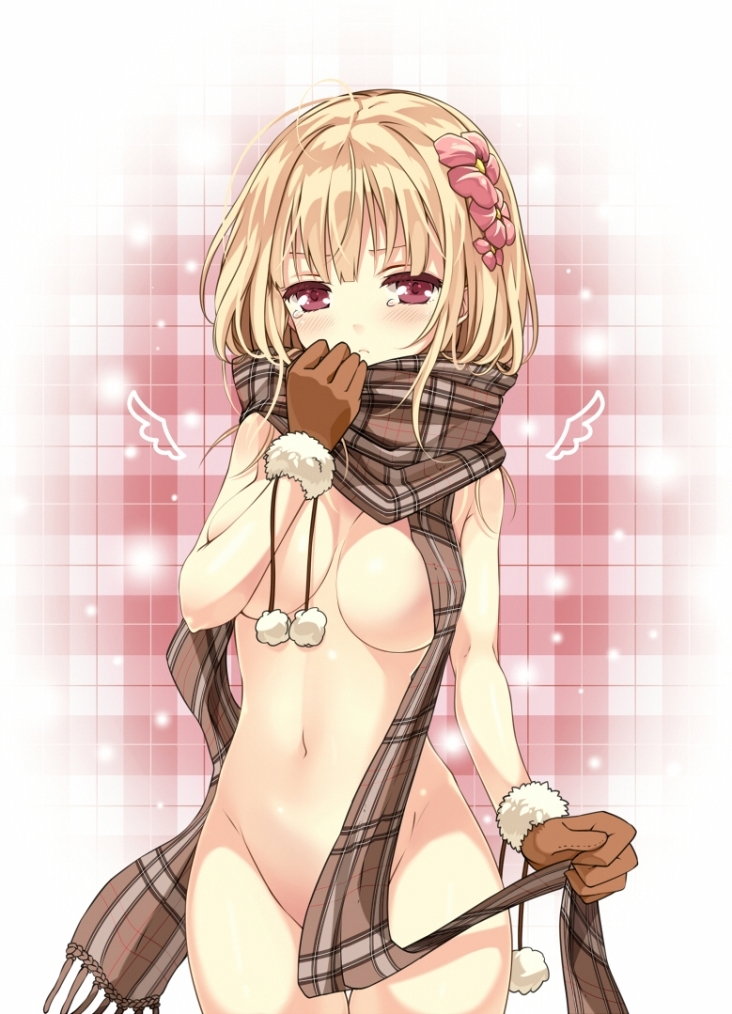 1girl ahoge akeboshi_kagayo blonde_hair breasts censored convenient_censoring flower gloves hair_flower hair_ornament large_breasts long_hair looking_at_viewer naked_scarf navel nude original red_eyes scarf solo tears