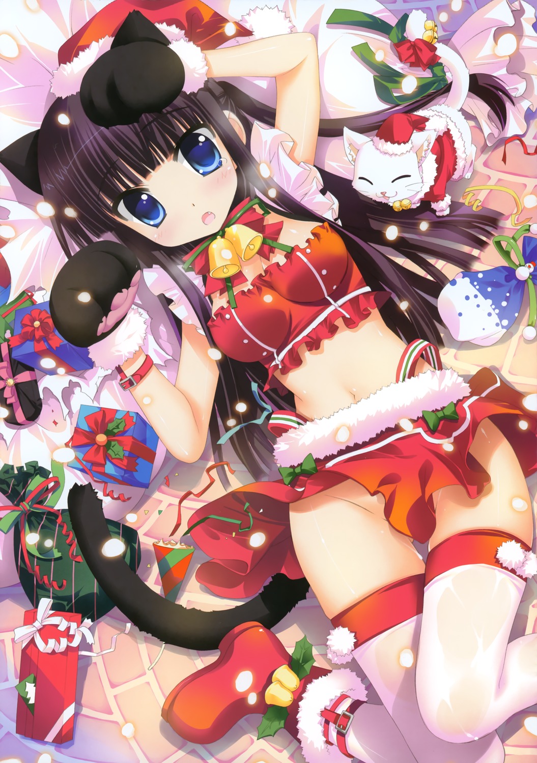 1girl animal_ears animal_hands bell black_hair blue_eyes blush boots bustier cat cat_ears cat_paws cat_tail christmas christmas_outfit clothing extremely_large_filesize female fixed footwear frills fujima_takuya gift gluteal_fold groin hat headwear high_resolution large_filesize lingerie long_hair looking_at_viewer midriff miniskirt navel no_panties nopan open_mouth original pantsu paws potential_duplicate present santa_costume santa_hat scan skirt solo tail tears teppeki_skirt thigh_gap thighhighs underwear very_high_resolution
