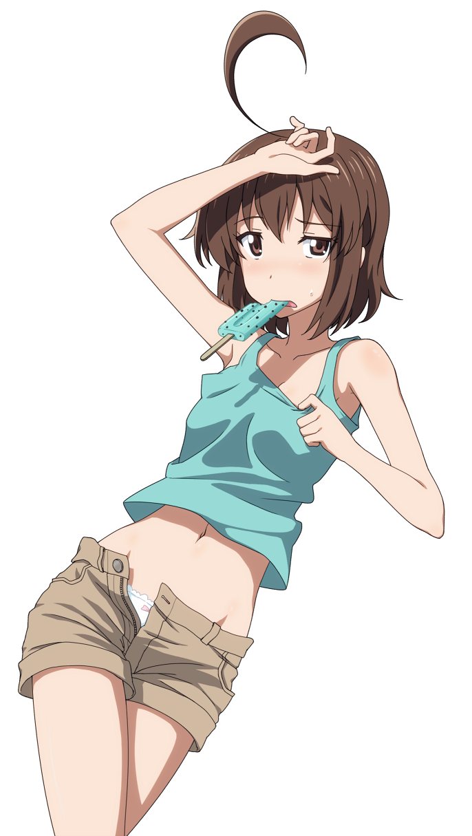 1girl ahoge andou_natsuki arm_up armpits bare_shoulders belly blush bow bow_panties brown_eyes brown_hair casual crop_top crop_top_overhang female frilled_panties frills hair highres kitakubu_katsudou_kiroku looking_at_viewer midiman midriff mouth_hold navel open_fly panties popsicle shiny shiny_skin shirt_tug short_hair shorts simple_background solo tank_top transparent_background unbuttoned underwear unzipped