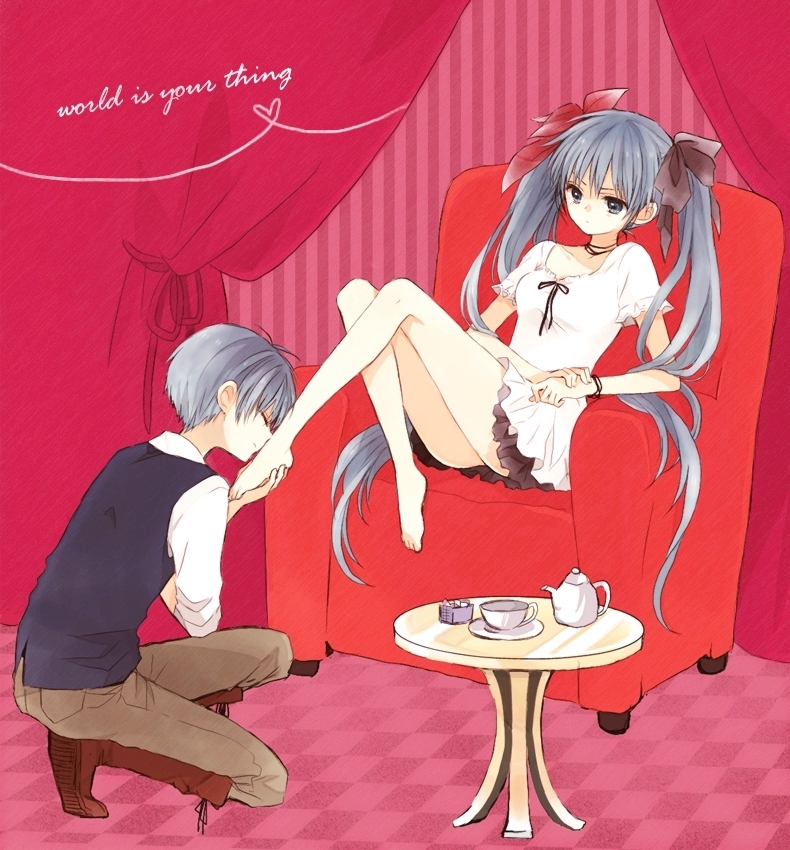 1boy 1girl anzu_(o6v6o) barefoot blue_eyes blue_hair boots bracelet chair checkered checkered_floor closed_eyes curtains dual_persona feet female floor foot_kiss foot_worship genderswap hair hatsune_miku hatsune_mikuo jewelry long_hair md5_mismatch miku_hatsune mikuo_hatsune selfcest sitting skirt striped striped_background table teapot twin_tails vertical-striped_background vertical_stripes very_long_hair vocaloid world_is_mine_(vocaloid)