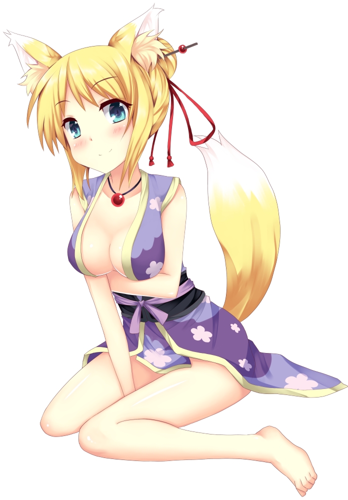 1girl ?? animal_ears bad_id barefoot blonde_hair blue_eyes blush breasts cleavage dog_days female fox_ears fox_tail hair hair_ornament hair_stick kneeling looking_at_viewer necklace plain_background sea_(lordofk) short_hair simple_background sitting smile solo tail wariza white_background yukikaze_panettone zen_o