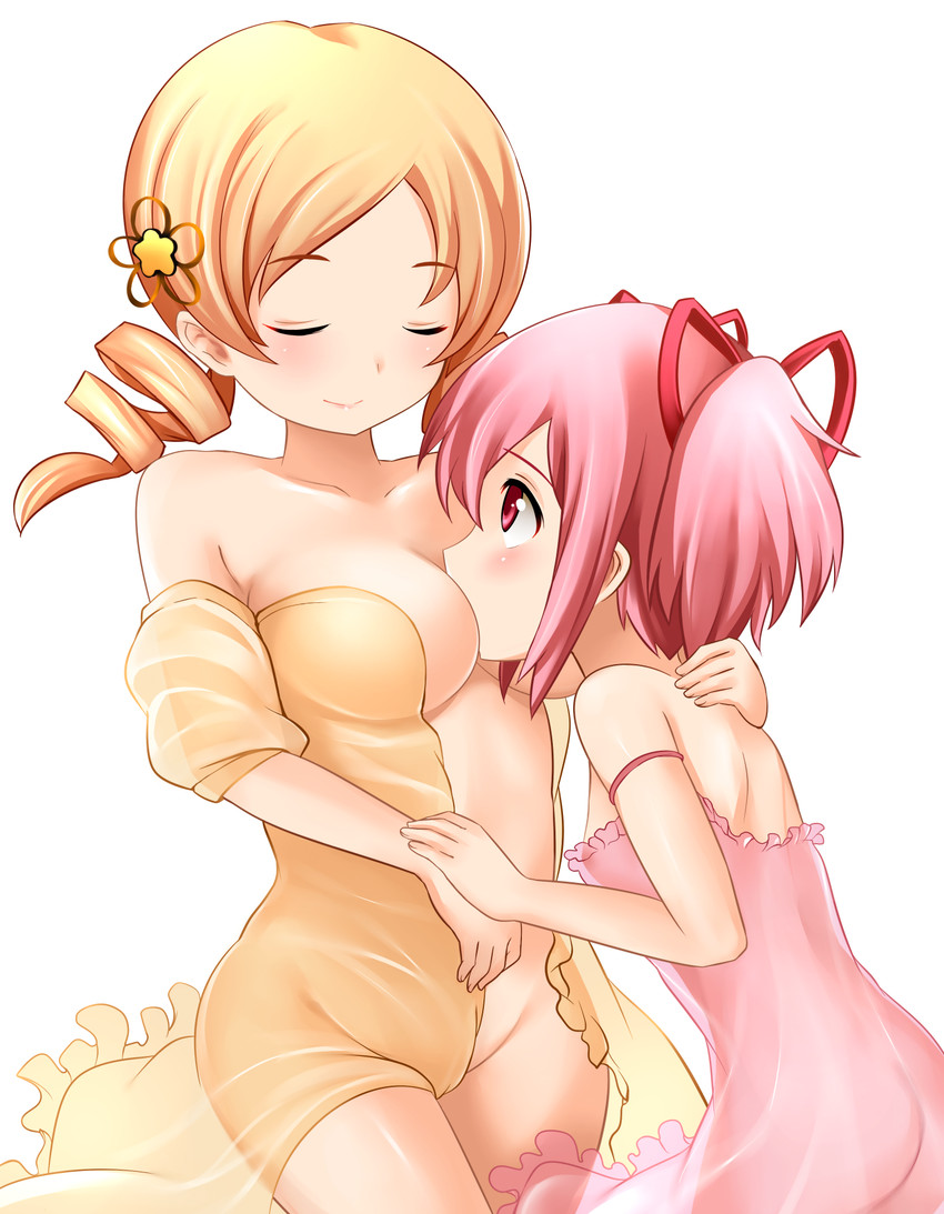 2girls arms ass bare_legs bare_shoulders between_breasts big_breasts blonde blonde_hair blush breast_press breast_smother breasts camisole cleavage closed_eyes commentary_request drill_hair female friends hair highres hug hugging kaname_madoka legs looking_at_another looking_up madoka_kaname mahou_shoujo_madoka_magica mami_tomoe mound_of_venus multiple_girls nightgown open_clothes pink_eyes pink_hair short_hair short_twintails smile tomoe_mami twin_drills twintails yellow_eyes yoshimo yuri