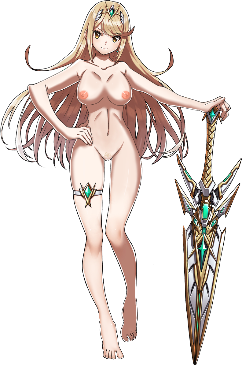 1girl alluring areola bare_legs barefoot big_breasts blonde_hair completely_nude_female edit feet female_only long_hair mythra nintendo nipples nude nude_edit nude_female nude_filter pussy samuraijam34 smile solo_female sword toes transparent_background video_games weapon xenoblade_(series) xenoblade_chronicles_2 yellow_eyes