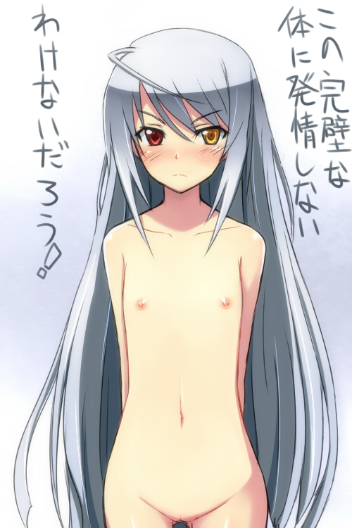 &gt;:&lt; 1girl arms_behind_back bare_shoulders blush collarbone female flat_chest heterochromia hips infinite_stratos laura_bodewig long_hair looking_at_viewer mound_of_venus navel negija nipples no_eyepatch nude pussy silver_hair solo standing text translated uncensored very_long_hair