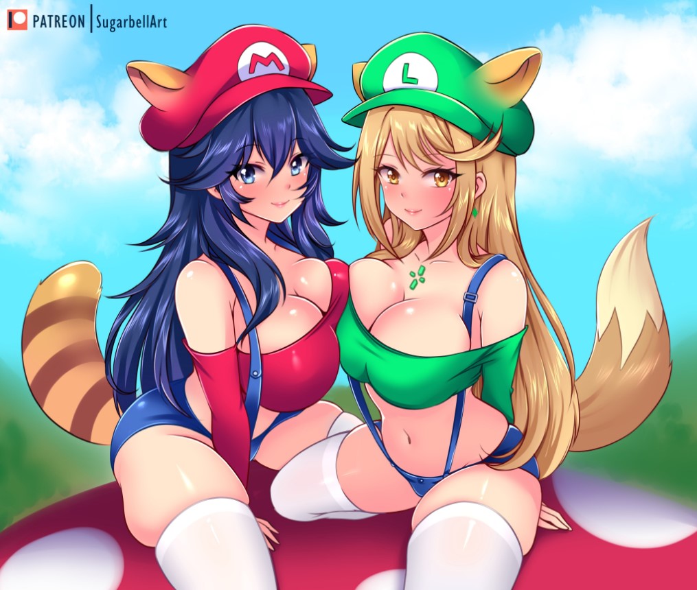 2_girls alluring alternate_breast_size bangs big_breasts blonde_hair blue_eyes blue_hair breast_squish clothing clouds company_connection core_crystal cosplay crossover crystal earrings female_only fire_emblem fire_emblem_awakening fox_ears fox_tail grin hat jean_shorts jewelry leggings long_hair long_sleeves looking_at_viewer lucina lucina_(fire_emblem) luigi luigi_(cosplay) mario mario_(cosplay) mario_(series) midriff mushroom mythra mythra_(xenoblade) nintendo overalls raccoon_ears raccoon_tail shorts sitting smiling_at_viewer sugarbell super_mario_3d_land swept_bangs xenoblade_(series) xenoblade_chronicles_2 yellow_eyes