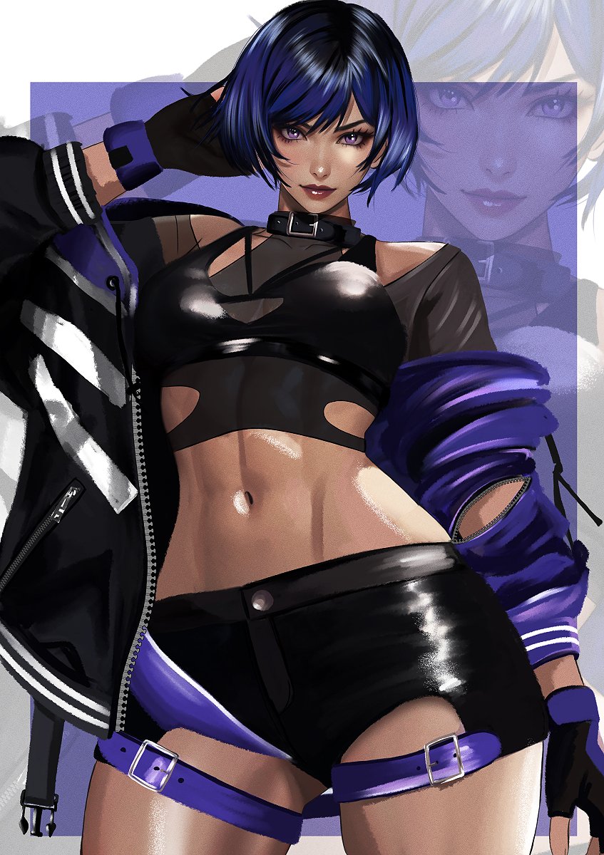 1girl abs alluring athletic athletic_female black_and_purple_hair female_abs female_only fit_female kittymiya multicolored_hair namco navel purple_hair reina_(tekken) short_hair tekken tekken_8 thick_thighs