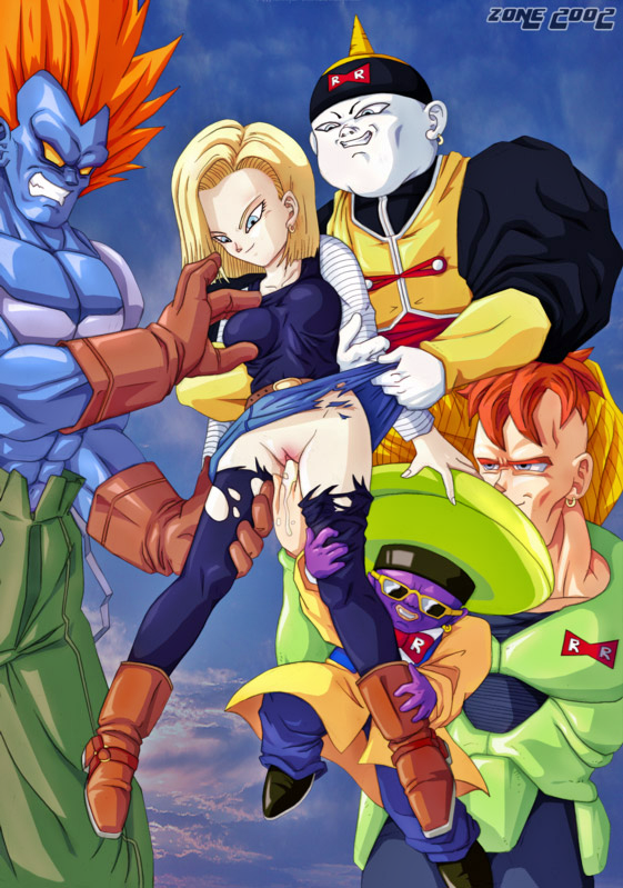 1girl 4boys android_13 android_13_(fused) android_15 android_16 android_18 android_19 dragon_ball dragon_ball_z fingering fingering_pussy group smile zone