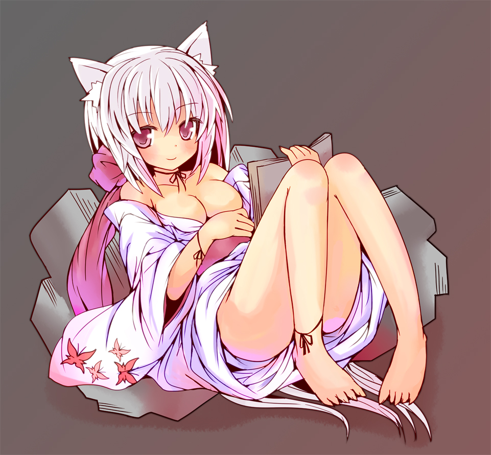1girl animal_ears bare_legs bare_shoulders barefoot blue_(artist) blue_theme book book_(object) breasts cat_ears cleavage feet female hair_ornament hair_ribbon holding holding_book holding_object kimono legs long_hair medium_breasts open_book original pink_eyes pixiv_id_42189 red_eyes ribbon robe shio_poteto silver_hair sitting smile solo traditional_clothes very_long_hair wafuku white_hair